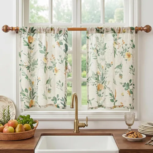 Miniatura 24 de MYSKY HOME Cortinas florales de cocina de 24 pulgadas, cortinas de lino con patrón de flores de granja, bolsillo para barra de filtro de luz aireado