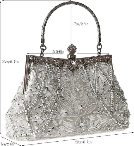 Miniatura 3 de Bolso de mano de estilo vintage con cuentas florales y strass para mujer, con bordado de lentejuelas, bandolera para novia, boda, fiesta