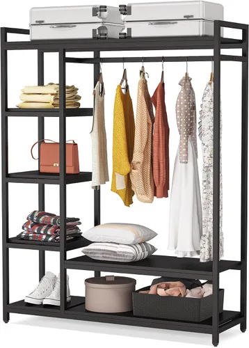Miniatura 9 de LITTLE TREE Perchero de Ropa de Madera Independiente para Armario, Perchero de Prendas Resistente con Estantes, Percheros Colgantes para Ropa