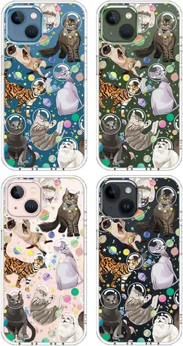 Miniatura 4 de MOSNOVO - Funda para iPhone 13/14, grado militar, probada en caídas de 6.6 pies, transparente con diseño de gato espacial Gato del espacio