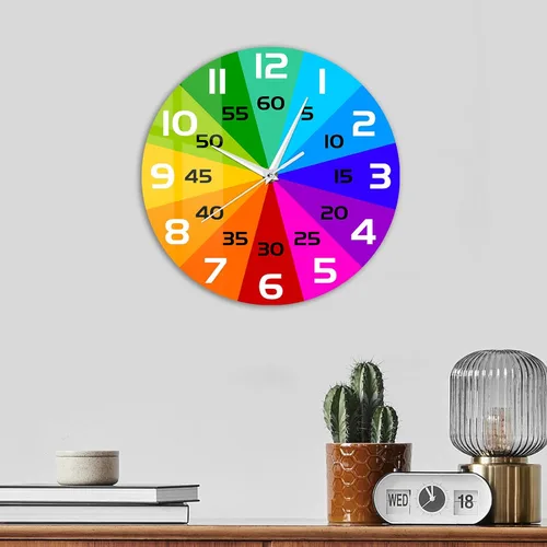 Miniatura 6 de Reloj de aprendizaje con rueda de color arcoíris, reloj de enseñanza de 12 pulgadas para niños, reloj de pared analógico para aula, movimiento