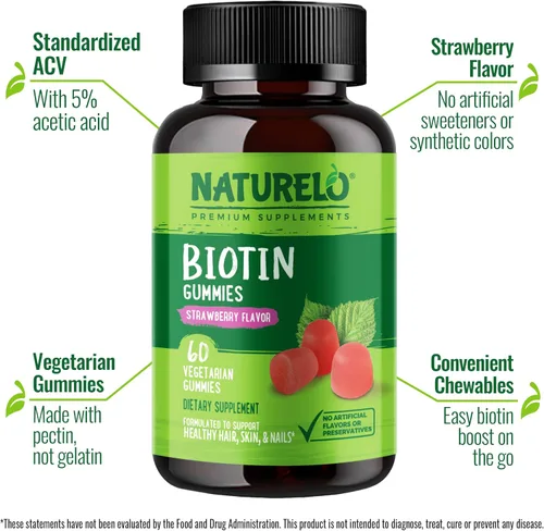 Miniatura 2 de NATURELO Gomitas de biotina - Apoya el cabello, la piel y las uñas saludables - Alta potencia 2500 mcg - Sin OMG, sin gluten - 60 gomitas