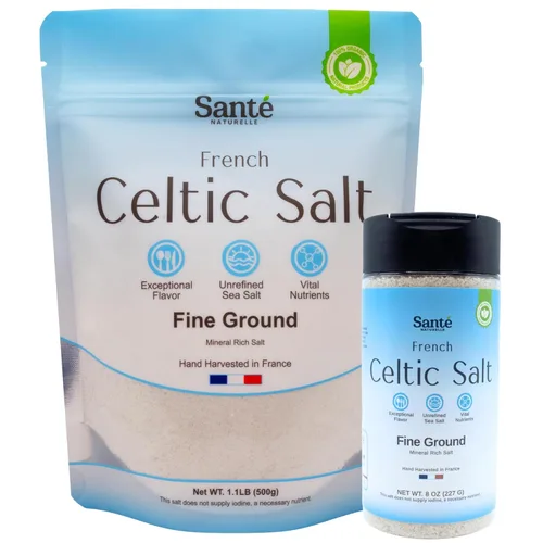 Sante Naturelle Celtic Salt Organic Fine Ground Bundle – Agitador de 8 onzas y bolsa de 1.1 libras (18 onzas) – Sal marina mineral francesa orgánica