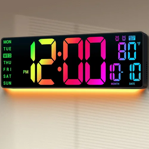 Reloj de Pared Digital Grande de 16.5": 11 Colores RGB Reloj de Decoración de Montaje en Pared para Sala de Estar, Dormitorio, Oficina, Aula,