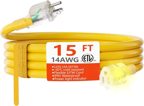 Miniatura 18 de HUANCHAIN Cable de extensión para interiores y exteriores, 50 pies, impermeable, calibre 16/3, flexible, resistente, cable de extensión para Amarillo