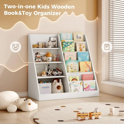 Miniatura 3 de Tatub Estantería de madera para niños de 6 niveles y almacenamiento de juguetes, organizador de juguetes para niños con estantes para libros, Blanco
