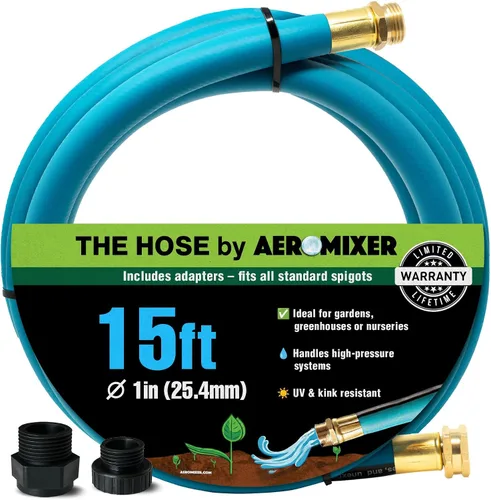 Aeromixer THE HOSE - Manguera de jardín de 1 pulgada de 15 pies con juego de adaptadores para espitas de 3/4, mangueras de jardín comerciales sin