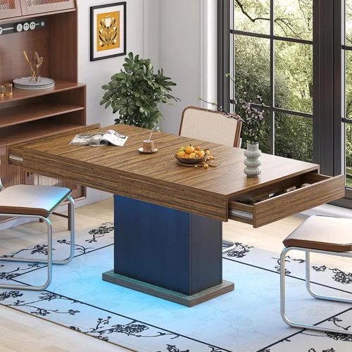 Mesa de comedor con cajones para 4-6 personas, mesa de comedor de 55 pulgadas con luces LED, base de pedestal de madera, mesa de cocina rectangular