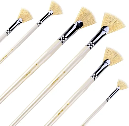 Amagic Juego de 6 pinceles de abanico – Cerda de cerdo natural – Pinceles suaves anti-desprendimiento para pintura al óleo de acuarela acrílica,