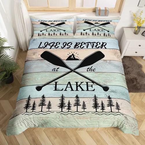 Miniatura 21 de Erosebridal Juego de ropa de cama individual con diseño de peces de lubina, la vida es mejor en el lago, funda de edredón para niños y niñas, funda
