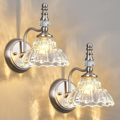 Apliques de pared vintage con acabado de níquel antiguo cepillado mate, apliques de pared para interiores, lámparas de pared con pantalla de vidrio
