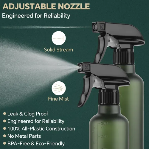 Miniatura 2 de Botellas de plástico de spray (paquete de 2 unidades de 10 onzas), boquilla ajustable de niebla fina y corriente de chorro a prueba de fugas