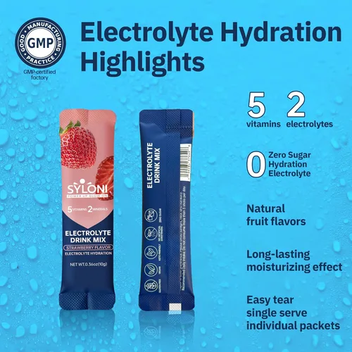 Miniatura 7 de paquetes de polvo de electrolitos, fresa (10.2 g*20 sobres), paquetes de hidratación sin azúcar, bebida de electrolitos con 7 vitaminas