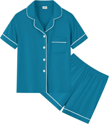 SWOMOG Conjunto de pijama modal unisex para niñas y niños, pijama de manga corta con botones, conjuntos de descanso de dos piezas