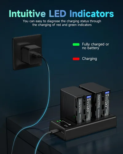Miniatura 5 de FirstPower Paquete de 2 baterías NP-F970 y cargador dual USB para batería Sony NP-F970 F960 F950 F930 F750 F570 F550 F530 F330 y Sony Handycams