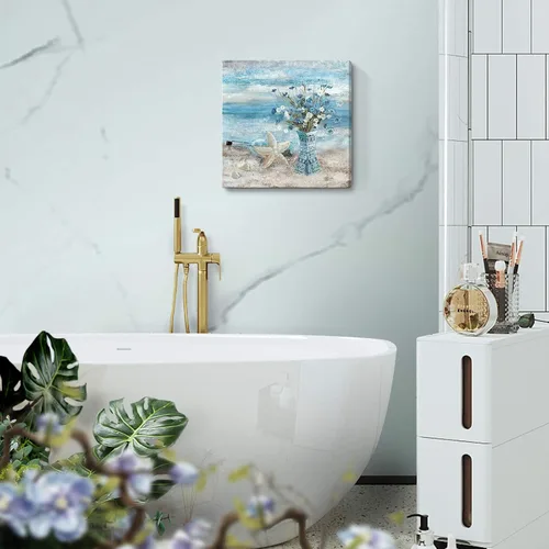 Miniatura 6 de Arte de pared para decoración de baño, imagen de playa azul, tema oceánico, impresión en lienzo de flores, pintura moderna de paisaje marino