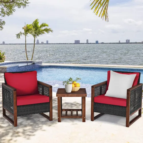 Miniatura 3 de Tangkula Juego de muebles de mimbre de 3 piezas, juego de sofá de ratán para exteriores con cojín lavable y mesa de centro de madera de acacia, Rojo