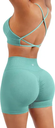 Miniatura 3 de SUUKSESS Conjuntos de entrenamiento sin costuras para mujer, sujetador deportivo con tiras y cintura alta, pantalones cortos