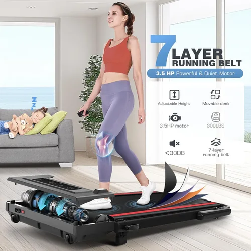 Miniatura 9 de ANCHEER Cinta de correr con inclinación del 12%/15%, almohadilla plegable con barra de asa, capacidad de 320-450 libras debajo del escritorio, Rojo