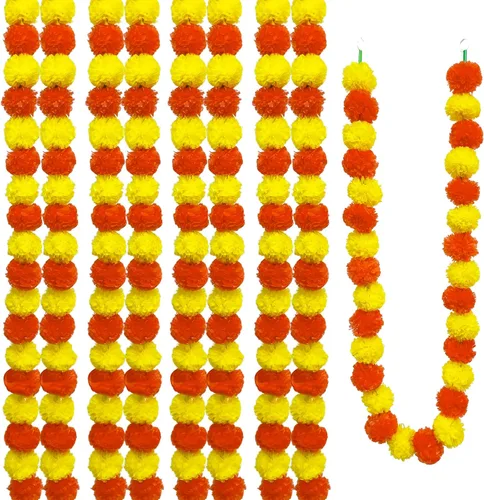 Guirnalda artificial de caléndula, flores sintéticas de color amarillo dorado de 5 pies de largo para decoraciones del Día de los Muertos, Pooja,