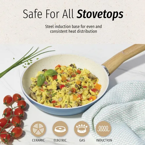 Miniatura 6 de GoodCook Juego de sartenes de cerámica saludable de 3 piezas con infusión de titanio, azul claro, utensilios de cocina de inducción, sartén