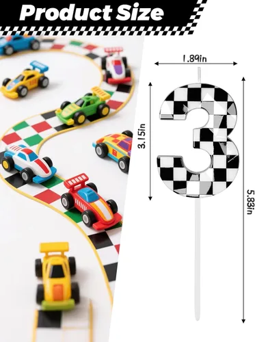 Miniatura 3 de Velas de cumpleaños de autos de carreras número 3, velas de cumpleaños a cuadros negros y blancos de 2.68 pulgadas, velas de números con temática