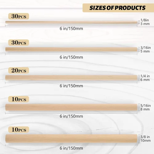 Miniatura 2 de Varillas de madera, 100 varillas redondas de madera de 1/8, 3/16, 1/4, 5/16, 3/8 x 6 pulgadas, varios tamaños, para manualidades, decoración