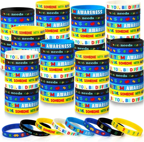 Miniatura 5 de Yinkin 50 pulseras de concientización sobre el autismo, pulseras inspiradoras para autismo, pulseras motivacionales de silicona coloridas