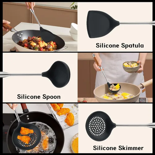 Miniatura 7 de FJNATINH Espátula de wok de silicona, Cucharón, Escumadera - Herramientas de wok de acero inoxidable, Utensilio de wok - Utensilios de cocina