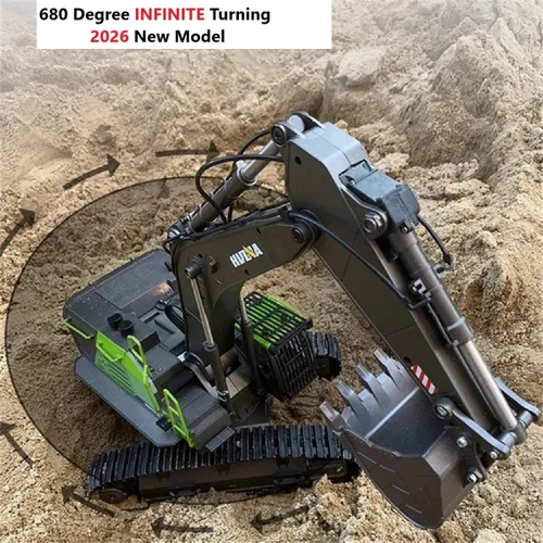 Miniatura 4 de Excavadora RC para adultos Huina 1593 Totalmente funcional Juguete 1:14 28 canales Control remoto Camión Construcción Vehículo Cubo Metal Luces LED