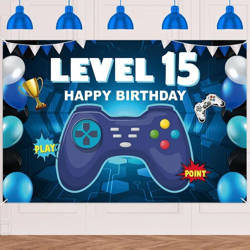Miniatura 12 de Pancarta de nivel 5 desbloqueada con texto en inglés «Happy 5 Birthday» para decoración temática de videojuegos para niños y niñas, fiesta de 5