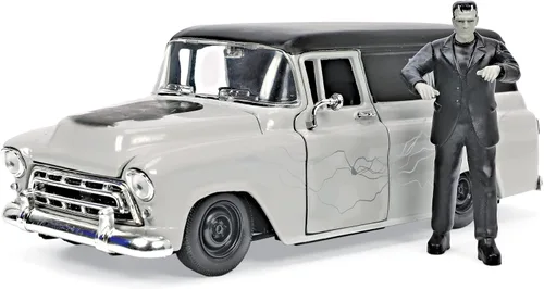 Jada Toys Universal Monsters 1:24 1957 Chevy Suburban - Coche fundido a presión y figura de Frankenstein de 2.75 pulgadas, juguetes para niños y