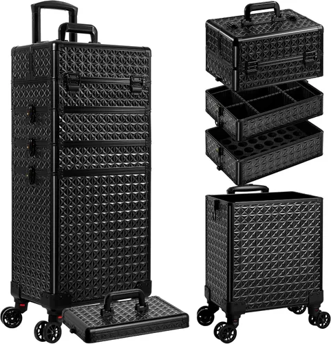 Miniatura 10 de AROUS Estuche de maquillaje rodante 5 en 1, estuche de cosmetología con ruedas, organizador cosmético grande, carro de viaje para estilista