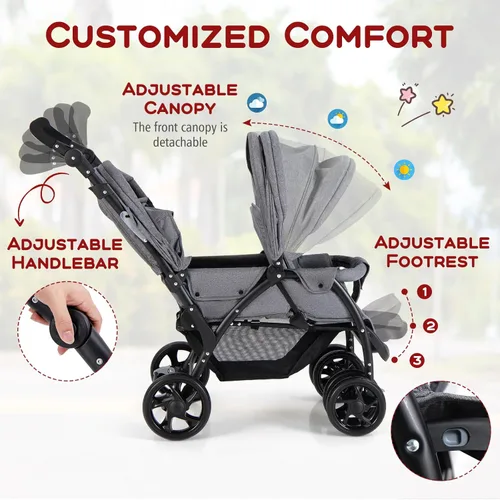 Miniatura 4 de HONEY JOY Cochecito Doble, Plegable Ligero para Bebés Gemelos con Asientos en Tándem, Arnés de 5 Puntos, Asiento Reclinable, Cesta de Gris
