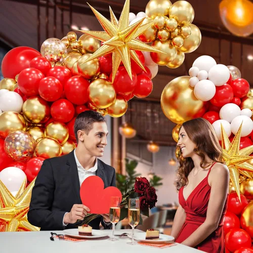 Miniatura 6 de Kit de arco de globos rojos y dorados, globos rojos y dorados con globos de aluminio de 22 pulgadas, globos de látex blanco con confeti dorado