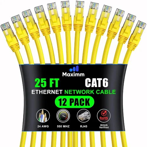 Miniatura 24 de Maximm Cable Ethernet Cat 6 – 7 pies (paquete de 12), LAN de alta velocidad, Internet, parche y cable de red, UTP, 10 Gbps, 550 MHz, color azul