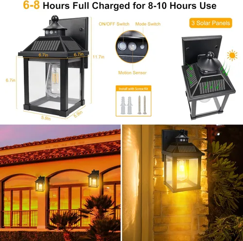 Miniatura 7 de Paquete de 2 luces solares de pared para exteriores, luces LED de porche del atardecer al amanecer, sensor de movimiento, aplique solar impermeable