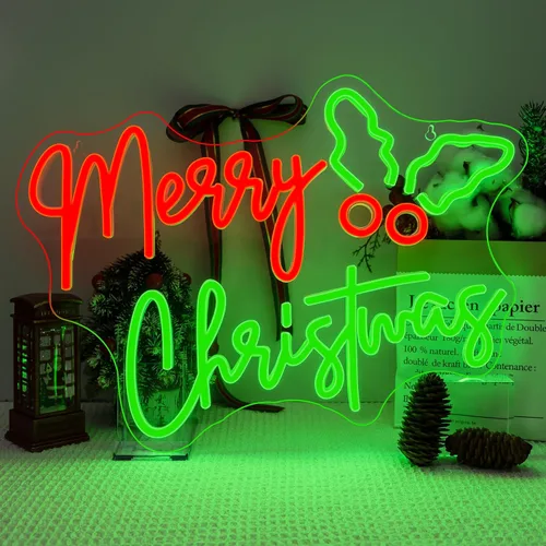 Letrero de neón de Holly Berry, Navidad Feliz, luces LED rojas y verdes para decoración de pared, alimentado por USB, luces iluminadas para