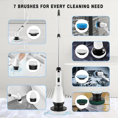 Miniatura 6 de KEROMEE Cepillo eléctrico de limpieza inalámbrico con 7 cabezales de cepillo reemplazables y mango de extensión ajustable, limpiador de ducha de 2