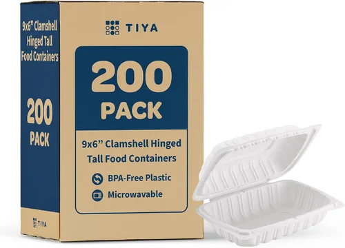 Miniatura 11 de TIYA - Recipientes de comida Clamshell color blanco, paquete de 150 unidades, 8 x 8 pulgadas, recipientes para llevar, plástico para microondas
