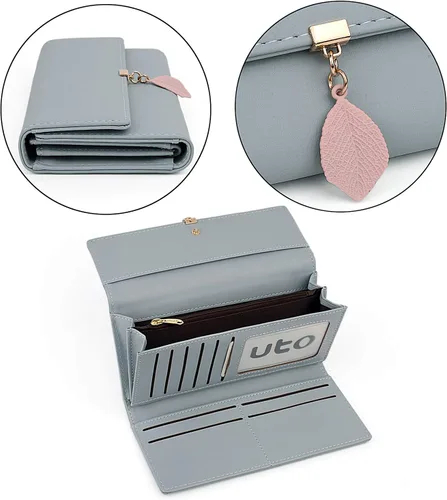 Miniatura 104 de UTO - Cartera pequeña RFID de piel sintética con dije de hoja, cierre de cremallera y tarjetero.