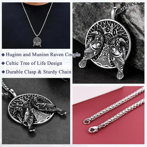 Miniatura 4 de FaithHeart Collar de cuervo vikingo nórdico para hombres y mujeres, joyería de cuervo celta vintage, se puede grabar, Acero inoxidable, Circonia
