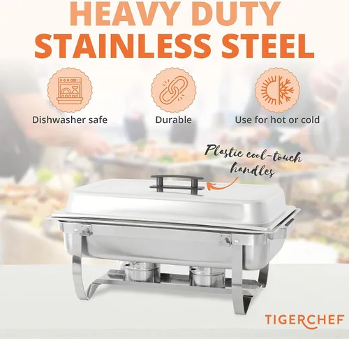 Miniatura 4 de Tiger Chef 8 cuartos de galón, Chafer Tamaño Completo Acero Inoxidable 2 charolas de medio tamaño y Carcasa de tacto frío de plástico., Plateado