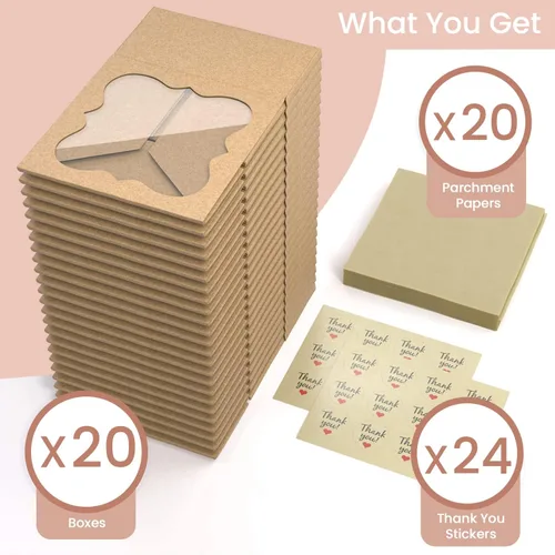 Miniatura 4 de Paquete de 20 cajas de galletas para regalo, cajas de panadería de 6 x 6 x 3 pulgadas con ventana, recipientes pequeños extragruesos para galletas