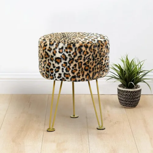 Miniatura 7 de Otomana Redonda con Estampado de Leopardo 13"x13"x17" Piel Sintética Banco de Entrada Reposapiés Taburete Asiento de Acento Guepardo Otomana Peluda