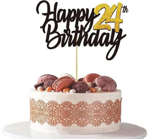 Miniatura 7 de Decoración para tarta de cumpleaños número 24 con purpurina para 24 años, decoraciones de cumpleaños de 24 años, decoraciones doradas para tartas