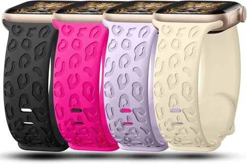 CreateGreat - Paquete de 4 bandas grabadas con diseño de leopardo compatibles con Apple Watch para mujeres de 38mm 40mm 41mm 42mm 44mm 45mm 46mm