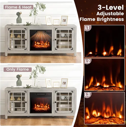 Miniatura 4 de Tangkula - Soporte para TV con chimenea para televisor de 65 pulgadas, consola de TV de 58 pulgadas con chimenea eléctrica de 1400W, estantes Natural