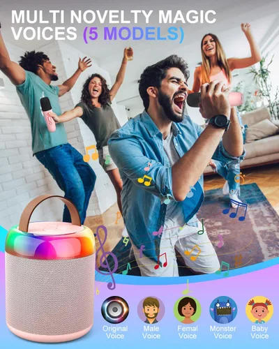 Miniatura 3 de Mini máquina de karaoke para fiestas de juguete para niños, altavoz portátil de juguete de karaoke LED con 2 micrófonos inalámbricos para niñas