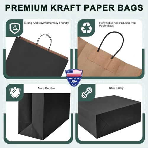Miniatura 4 de METRONIC Paquete de 100 bolsas de regalo grandes de papel negro de 16X6X12, bolsa de compras kraft con asas para pequeñas empresas, boutique